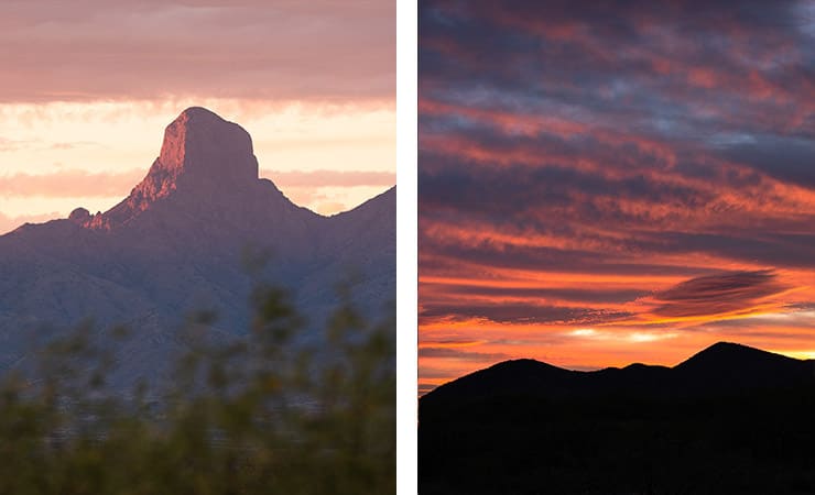A montage of images featuring Baboquivari Peak and sunset at Buenos Aires NWR